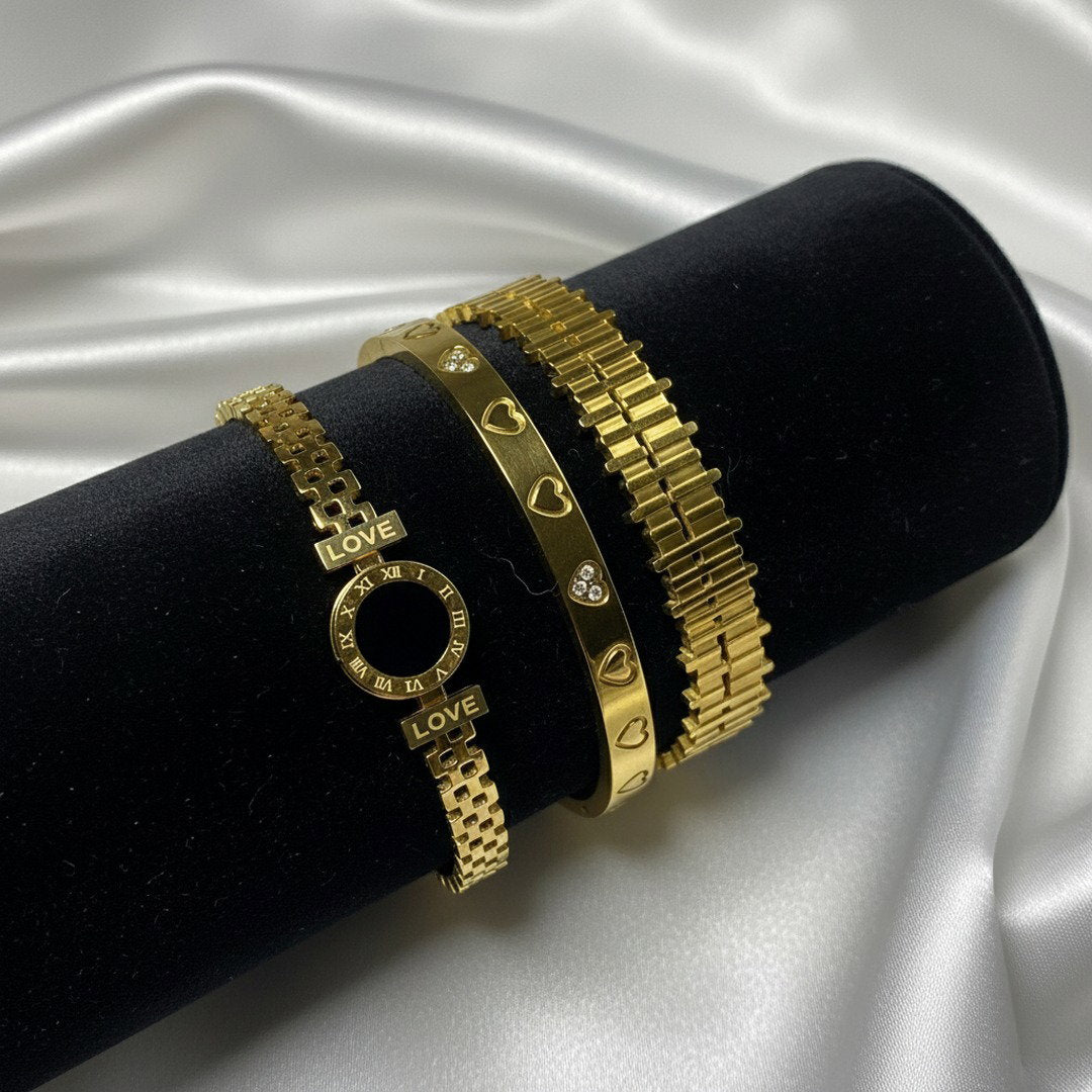 Gold Love & Roman Numeral Bracelet Stack Set – 3-Piece