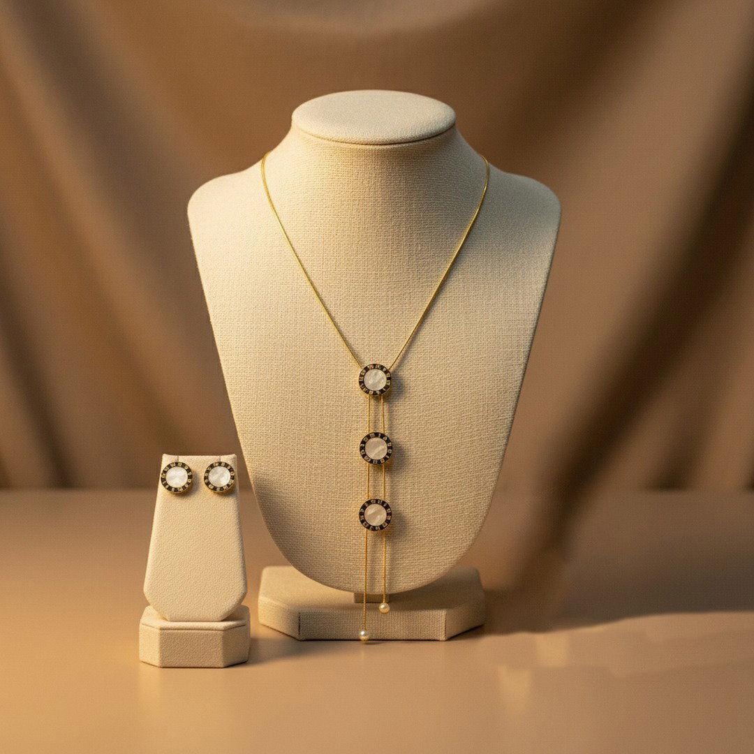 Gold Triple Circle Mother of Pearl Lariat Necklace & Earrings Set