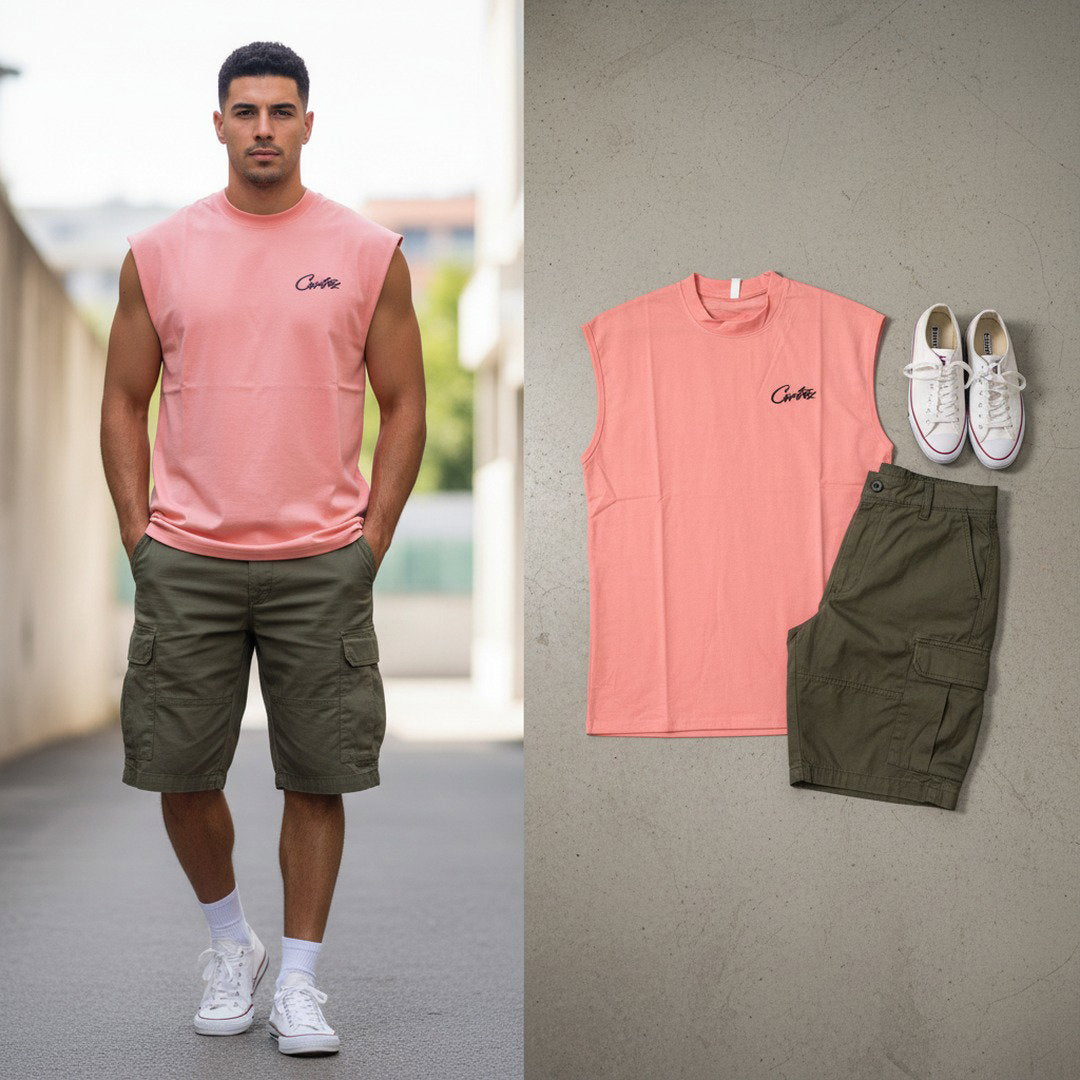 Men's Sleeveless Script Logo Tee – Blush Pink