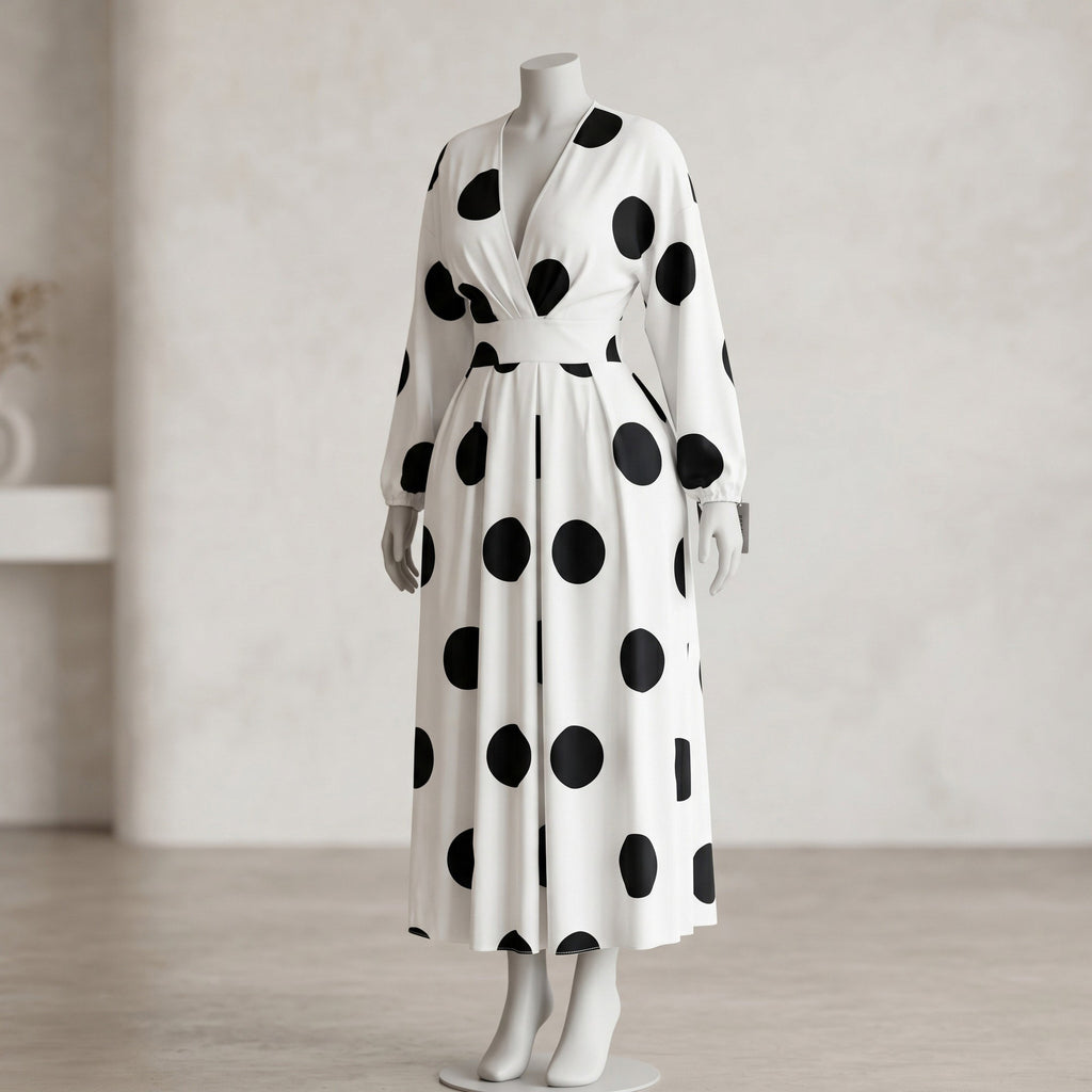 White & Black Polka Dot V-Neck Puff Sleeve Midi Dress