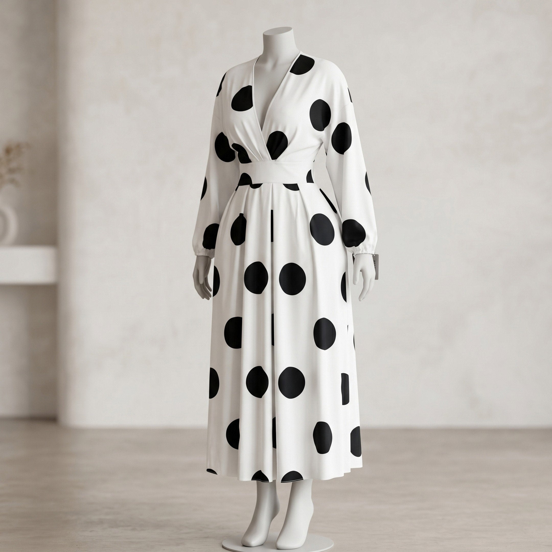 White & Black Polka Dot V-Neck Puff Sleeve Midi Dress