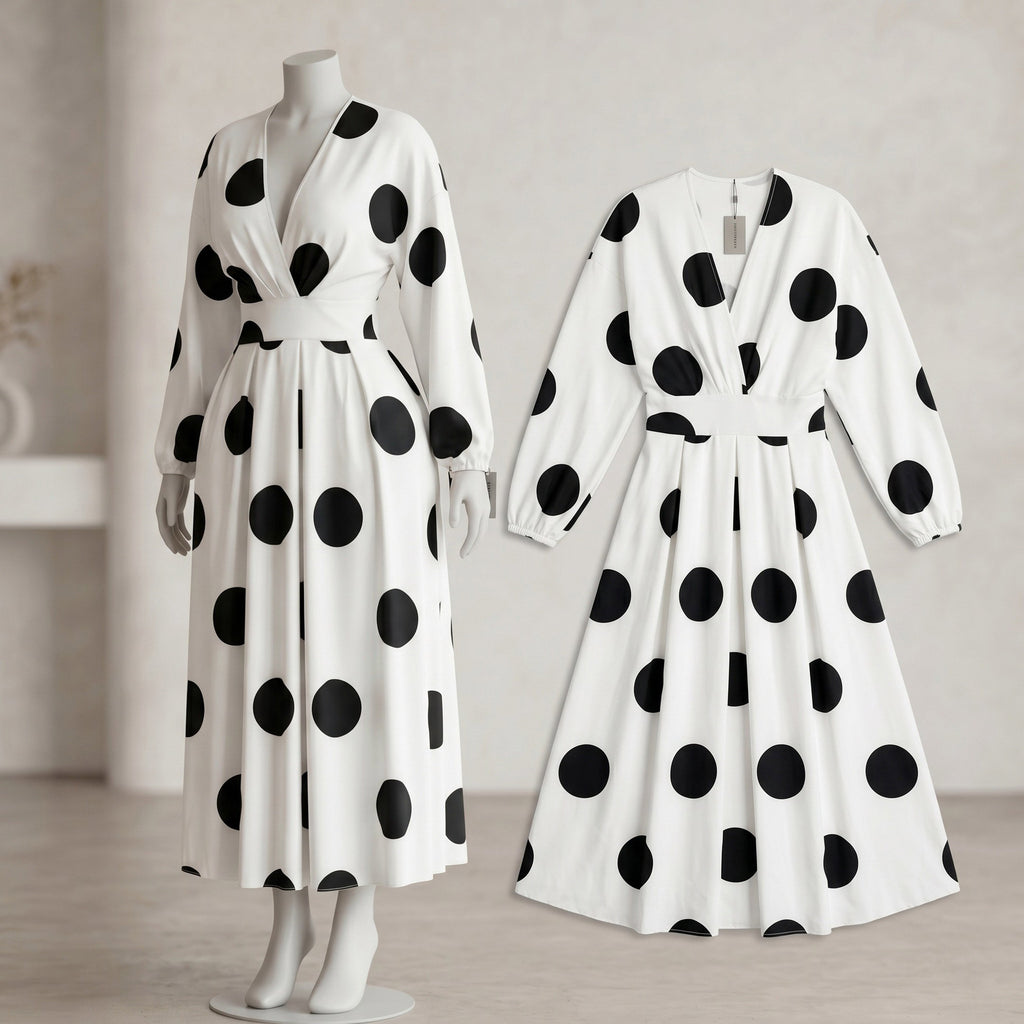 White & Black Polka Dot V-Neck Puff Sleeve Midi Dress