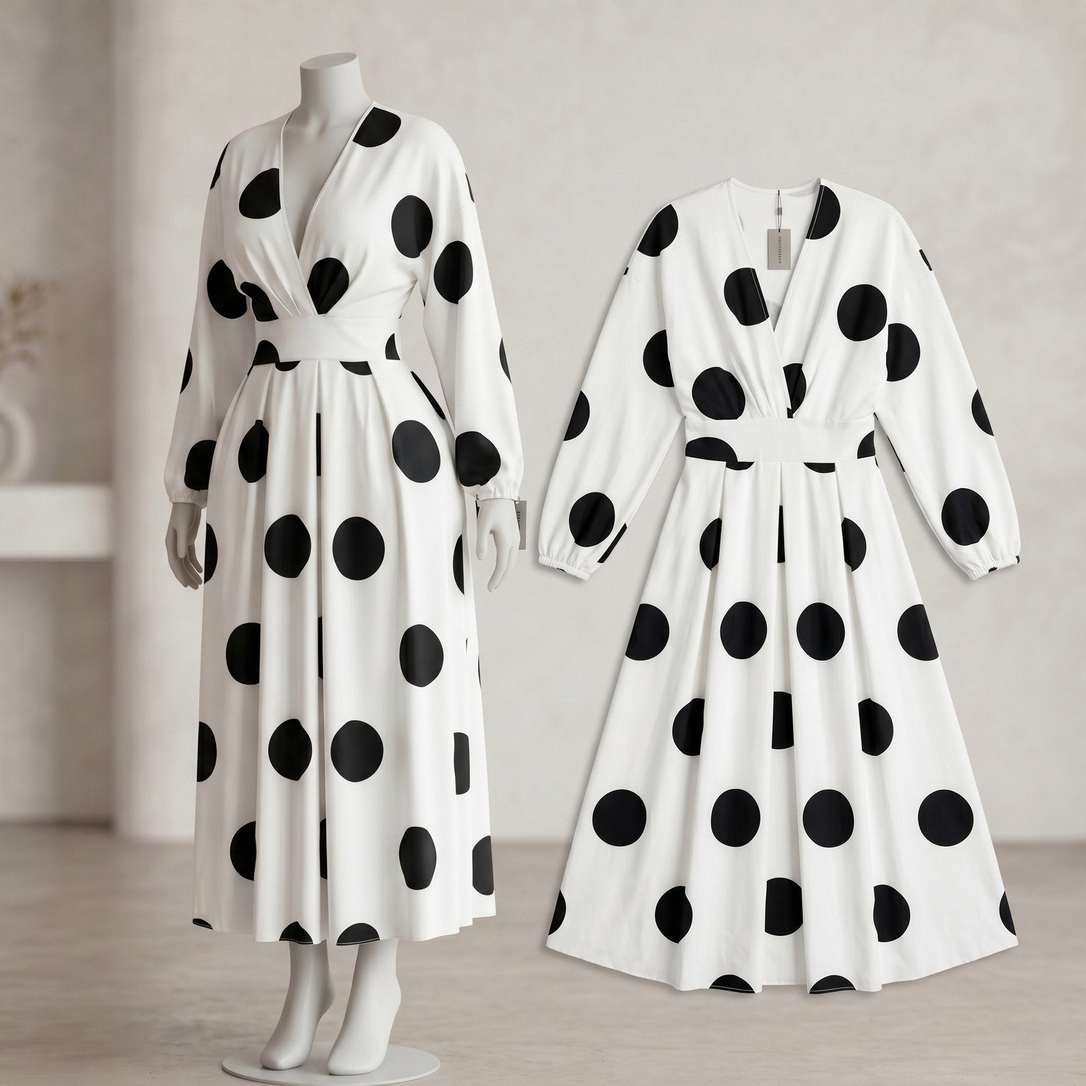 White & Black Polka Dot V-Neck Puff Sleeve Midi Dress