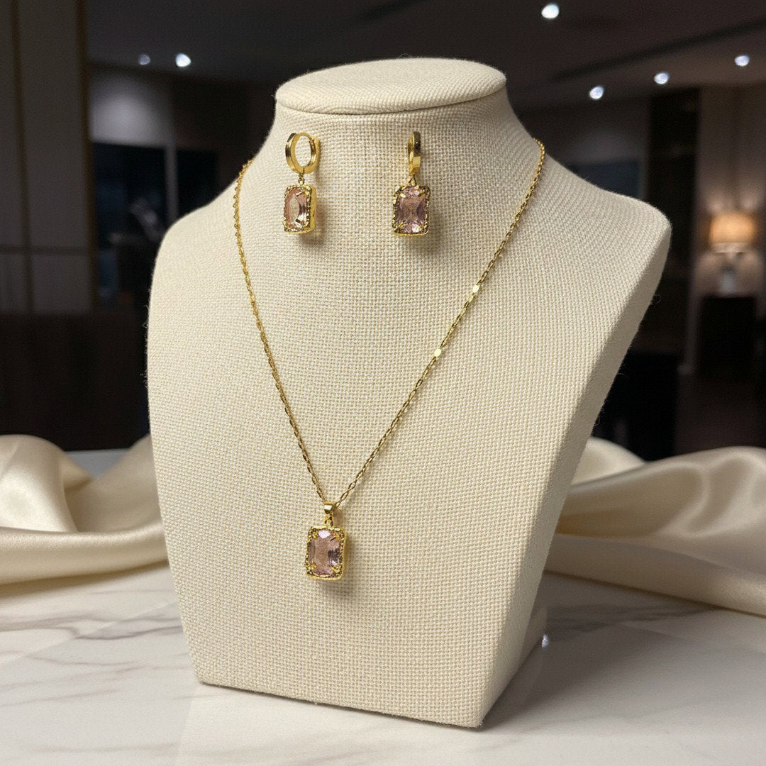 Gold & Pink Crystal Jewellery Set (Necklace & Earrings)