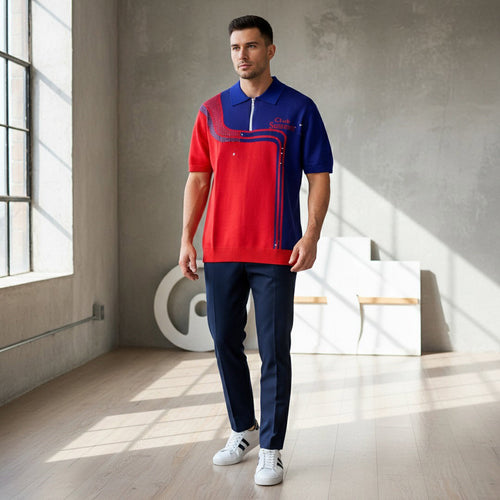 Club Summer Colour Block Zip Polo Shirt – Red & Navy