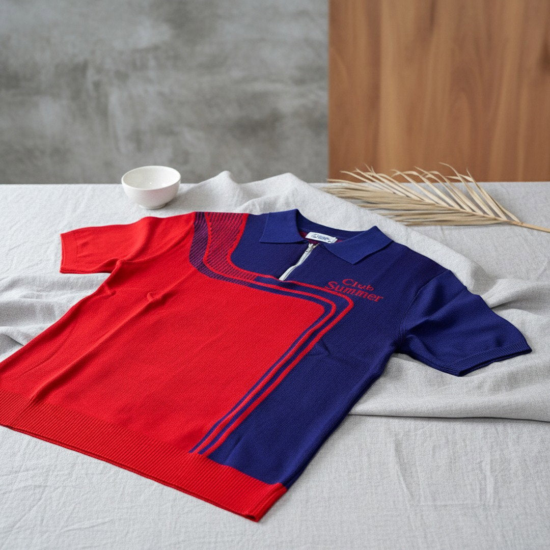 Club Summer Colour Block Zip Polo Shirt – Red & Navy
