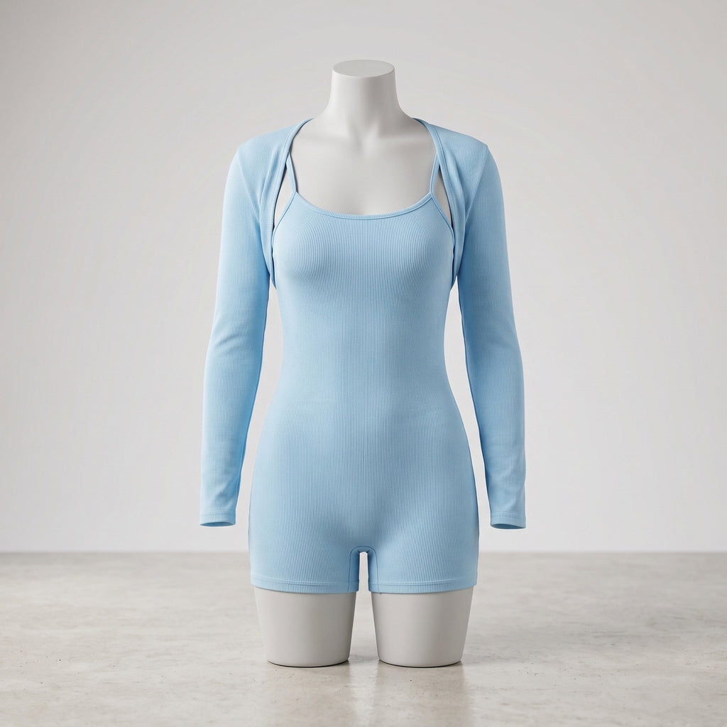 Sky Blue Ribbed Scoop Neck Romper & Shrug Set
