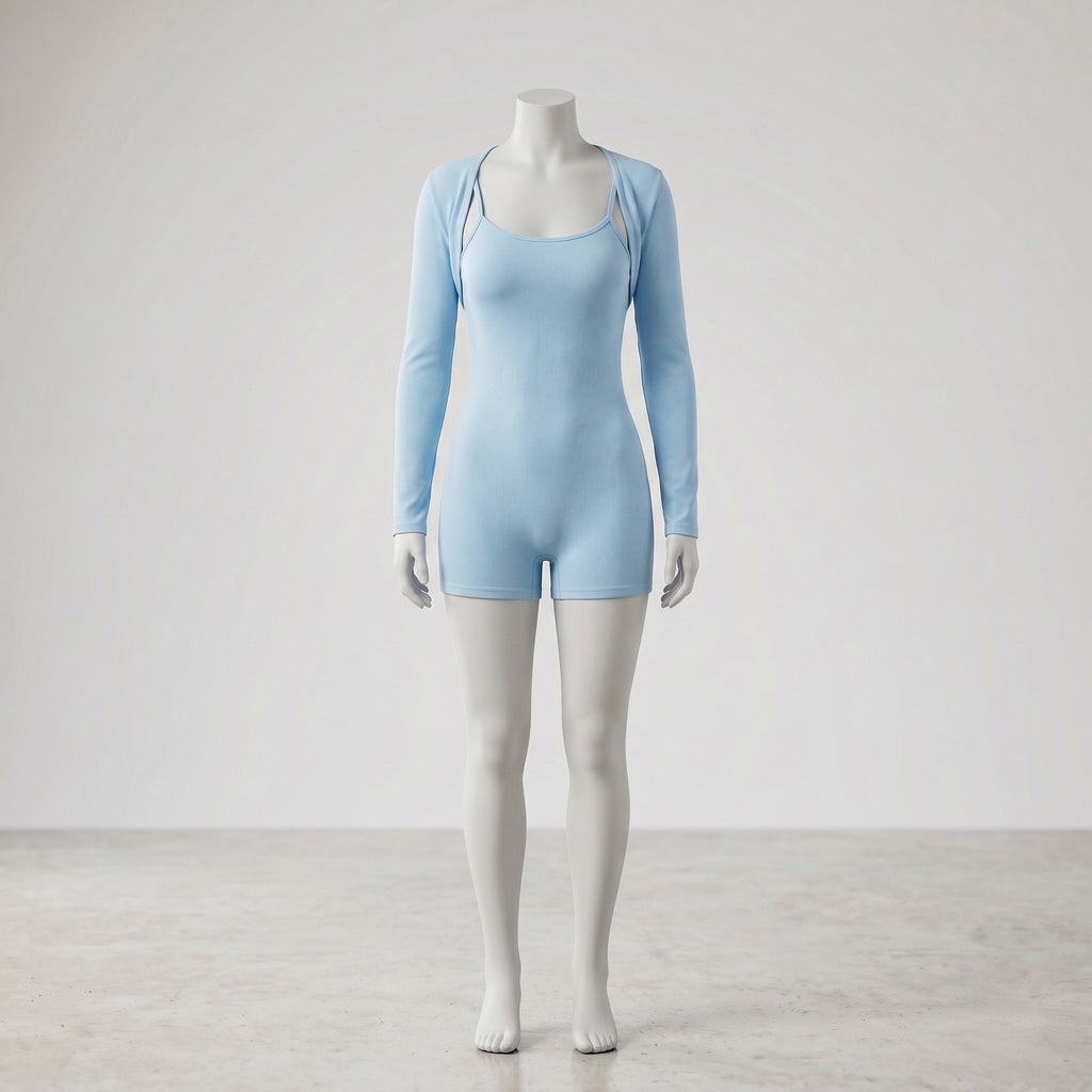 Sky Blue Ribbed Scoop Neck Romper & Shrug Set