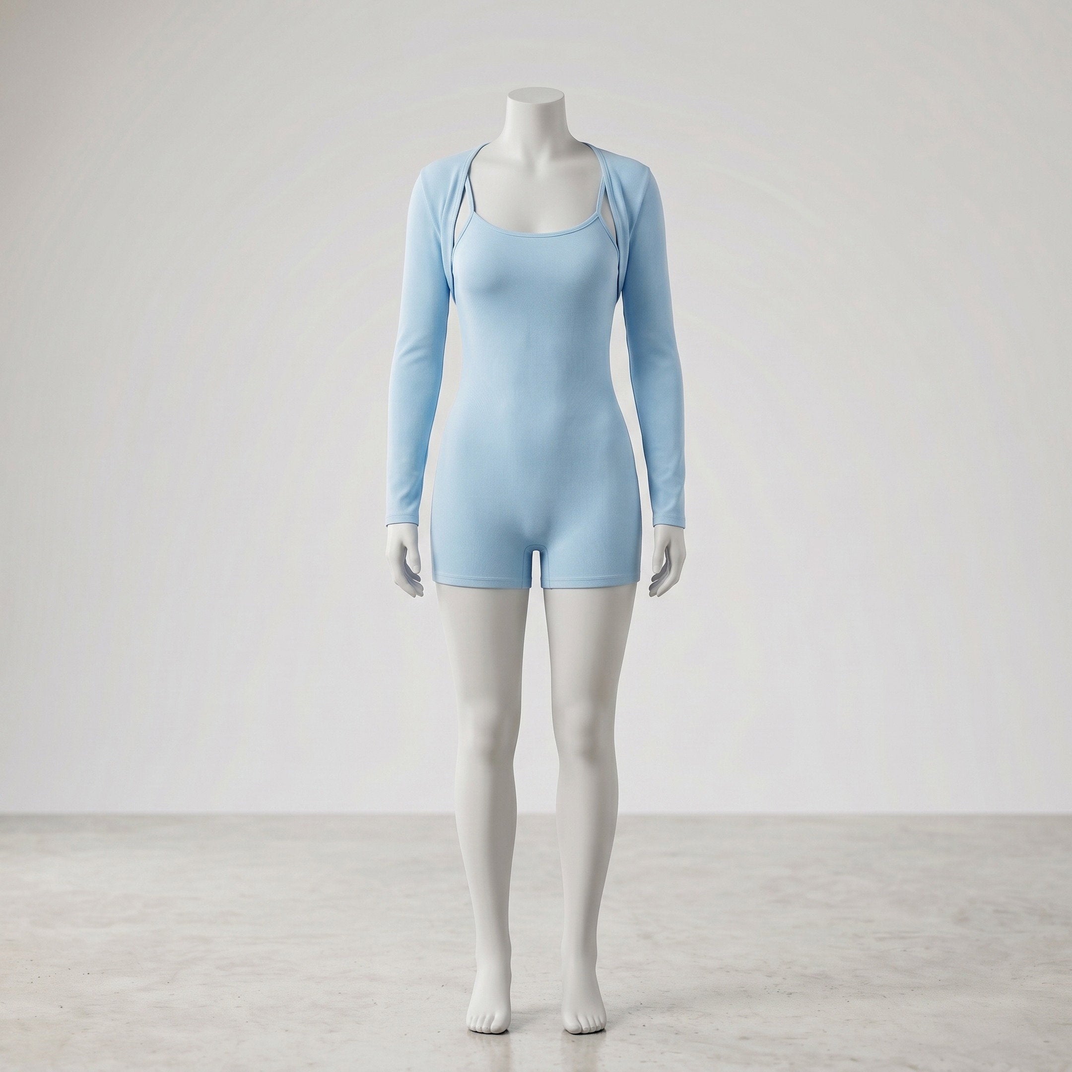 Sky Blue Ribbed Scoop Neck Romper & Shrug Set