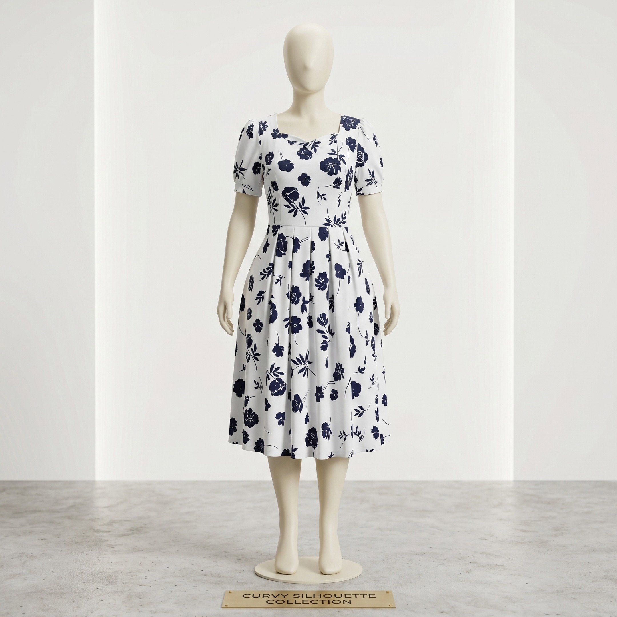 Navy Floral Pleated Midi Dress