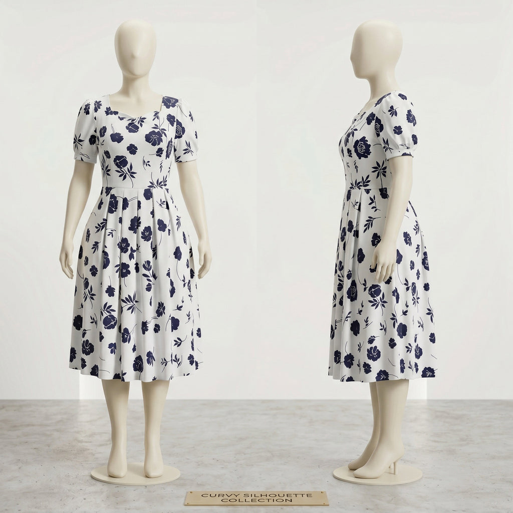Navy Floral Pleated Midi Dress