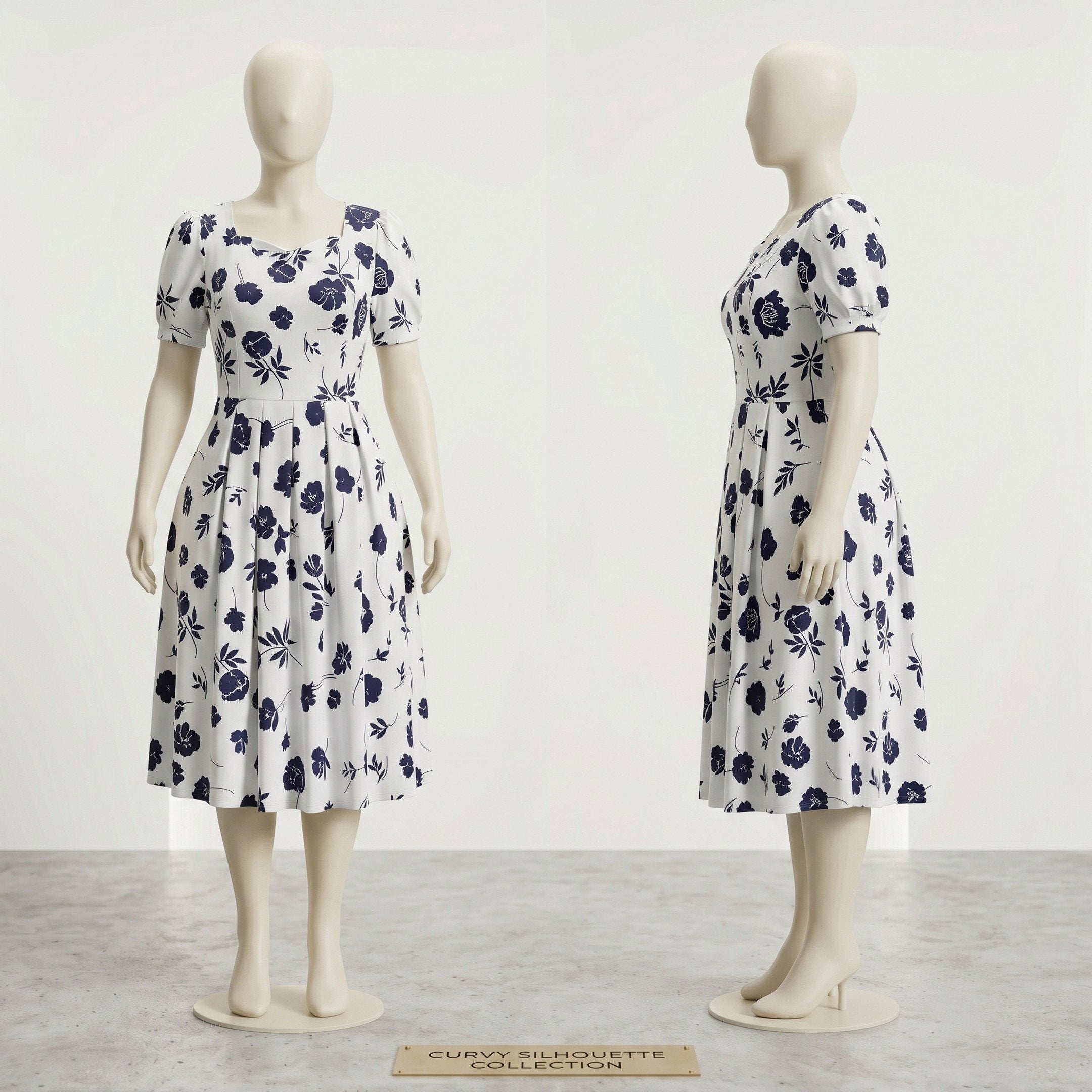 Navy Floral Pleated Midi Dress
