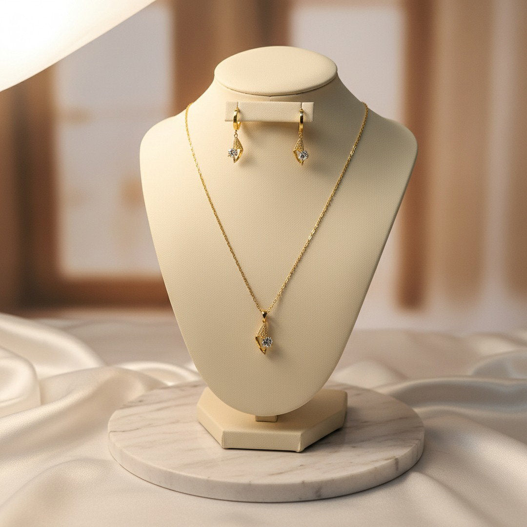 Gold Diamond Kite Crystal Pendant Necklace & Earrings Set
