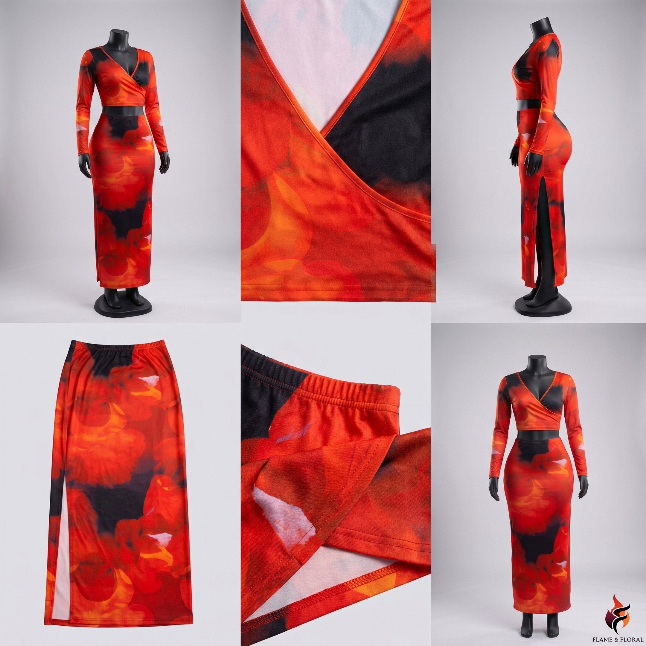 Red Flame Print Wrap Crop Top & Maxi Skirt Set