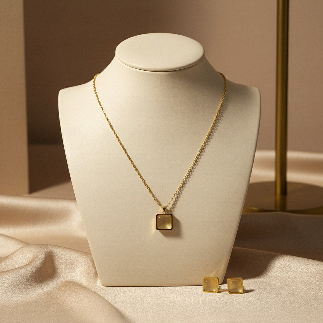 Gold Square Pendant Necklace & Stud Earrings Set – Minimalist Jewellery Set