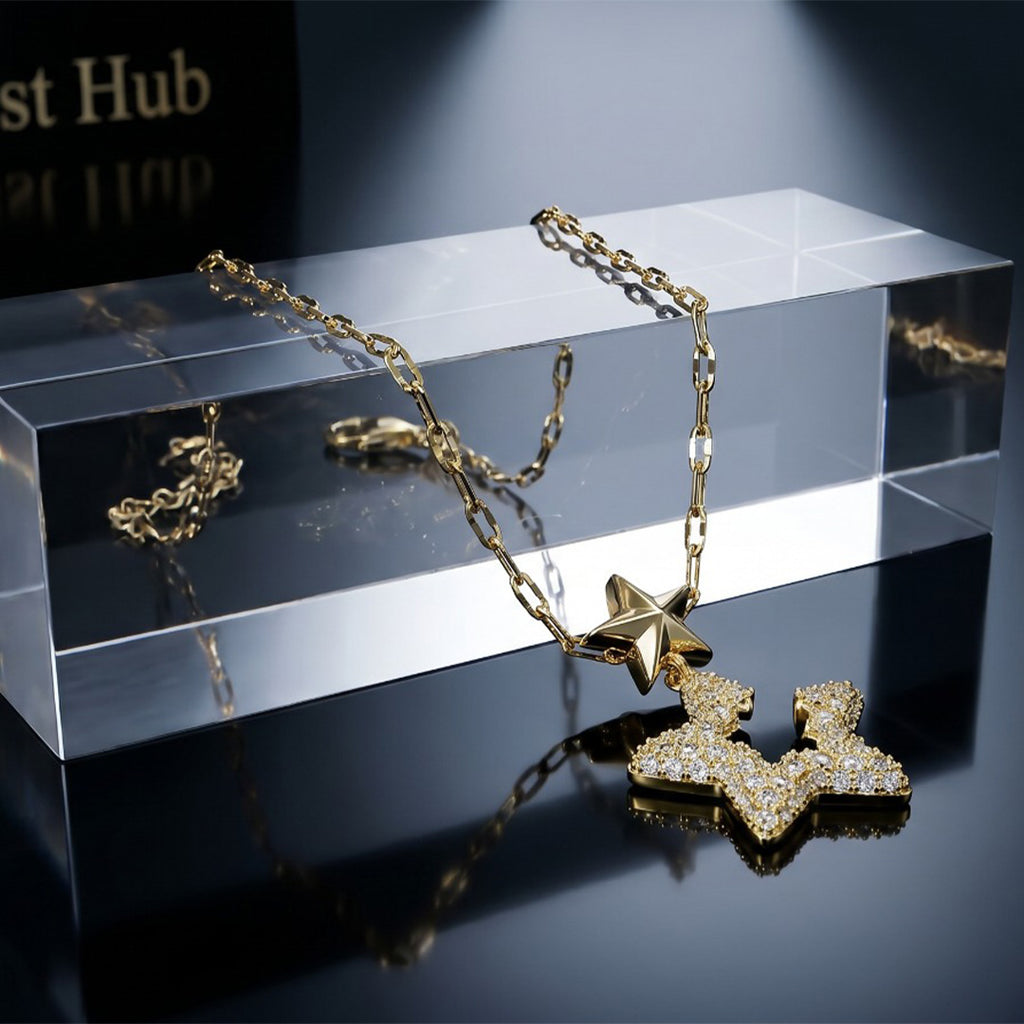 Gold Double Star Pendant Necklace – Pavé Crystal & Polished Star Charm