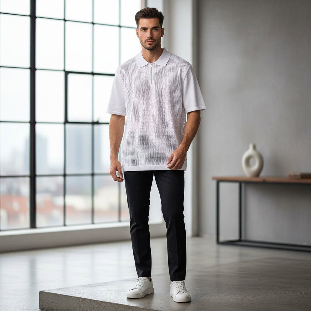Men's Open-Weave Knit Quarter-Zip Polo Shirt – White