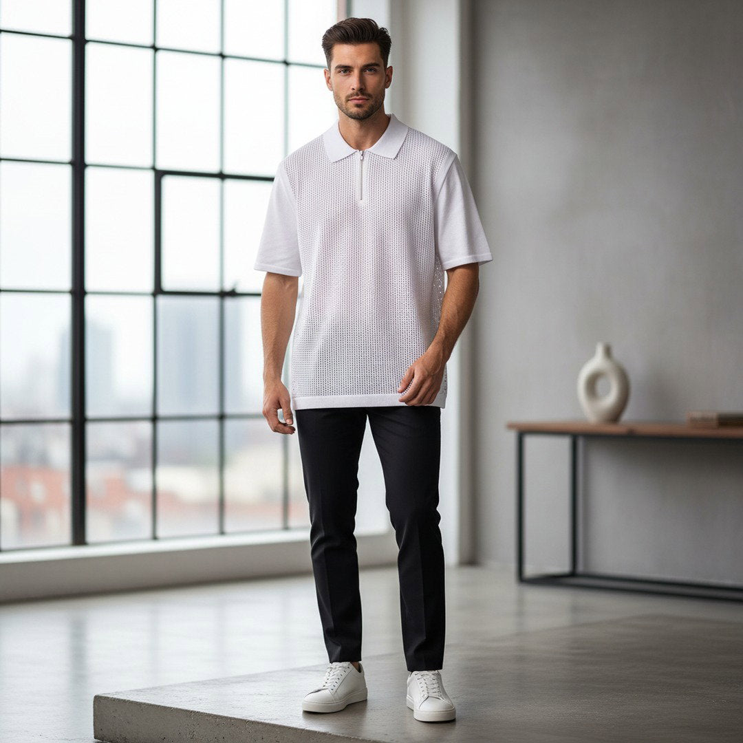 Men's Open-Weave Knit Quarter-Zip Polo Shirt – White