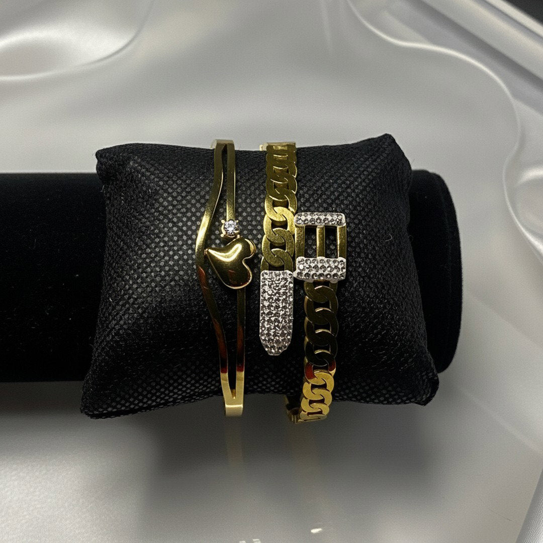 Gold Bracelet Stack Set – Heart Bangle, Buckle & Cuban Chain