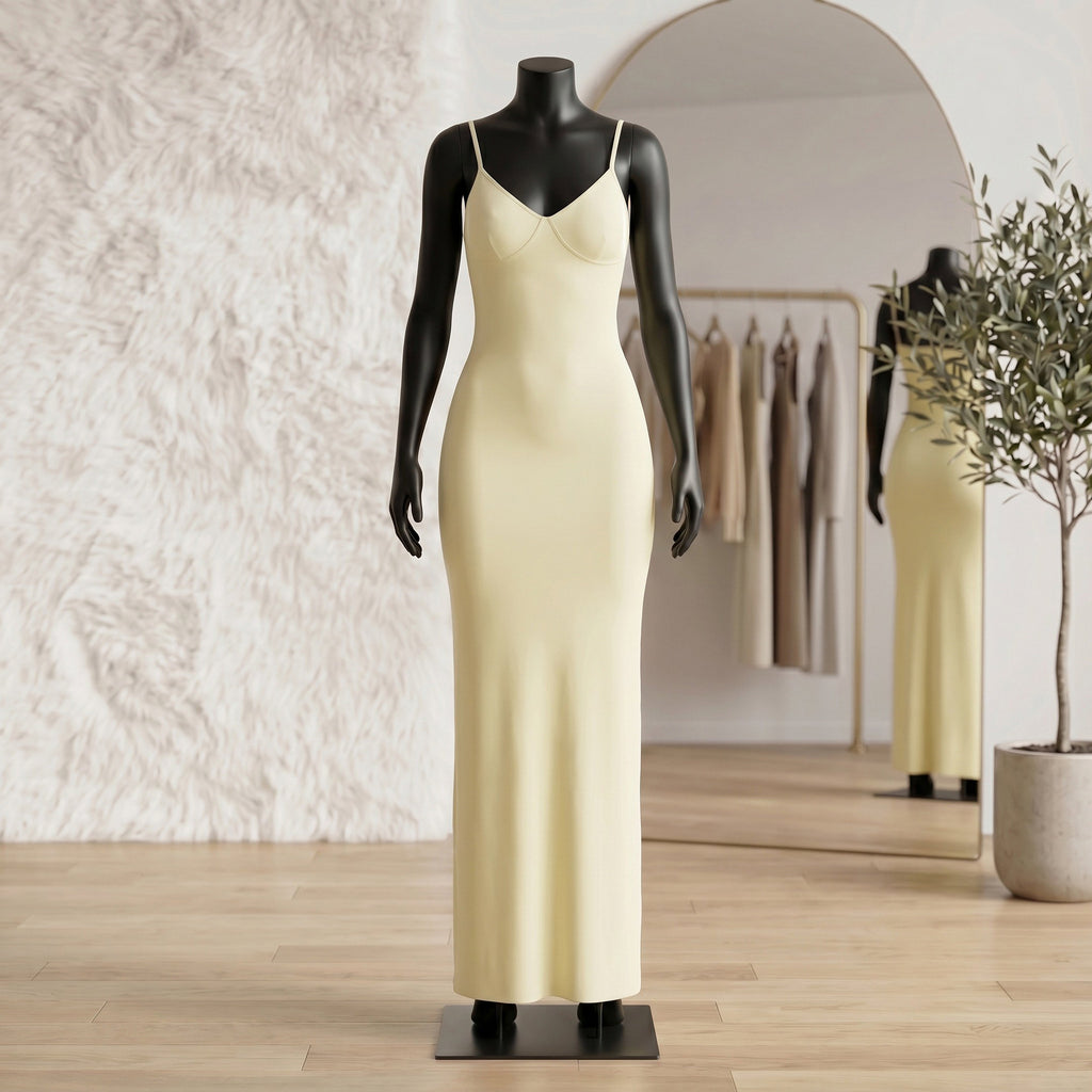 Cream Satin Slip V-Neck Maxi Dress
