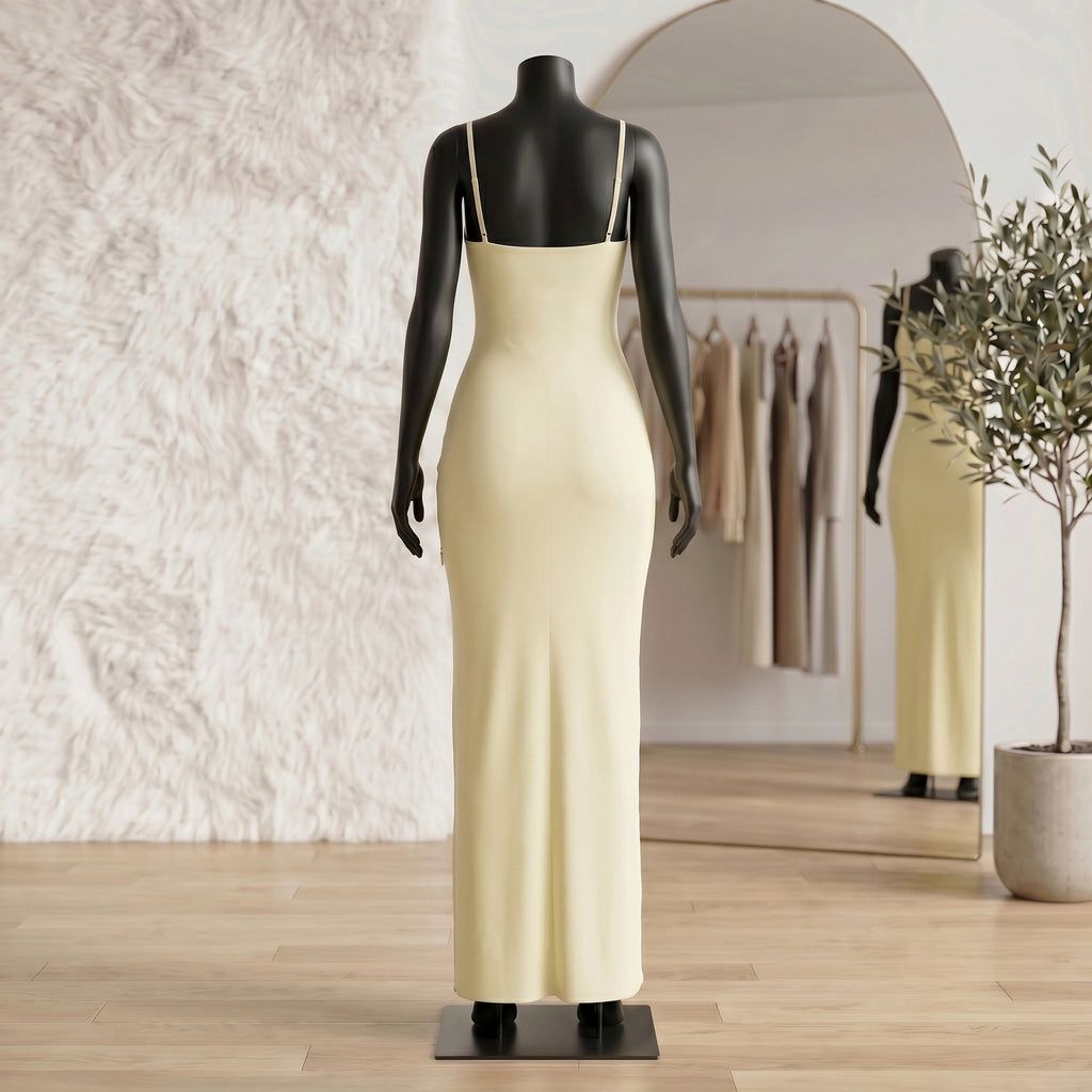 Cream Satin Slip V-Neck Maxi Dress
