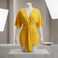 Mustard Yellow Deep V-Neck Twist Knot Batwing Mini Dress