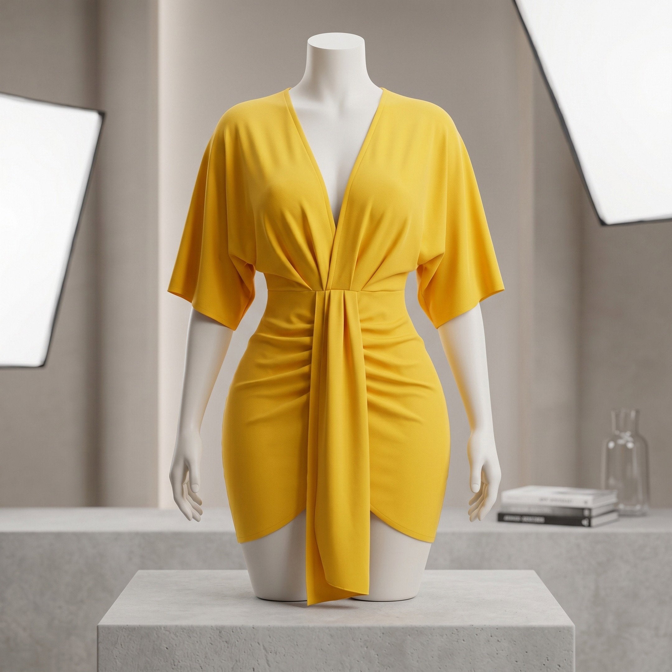 Mustard Yellow Deep V-Neck Twist Knot Batwing Mini Dress