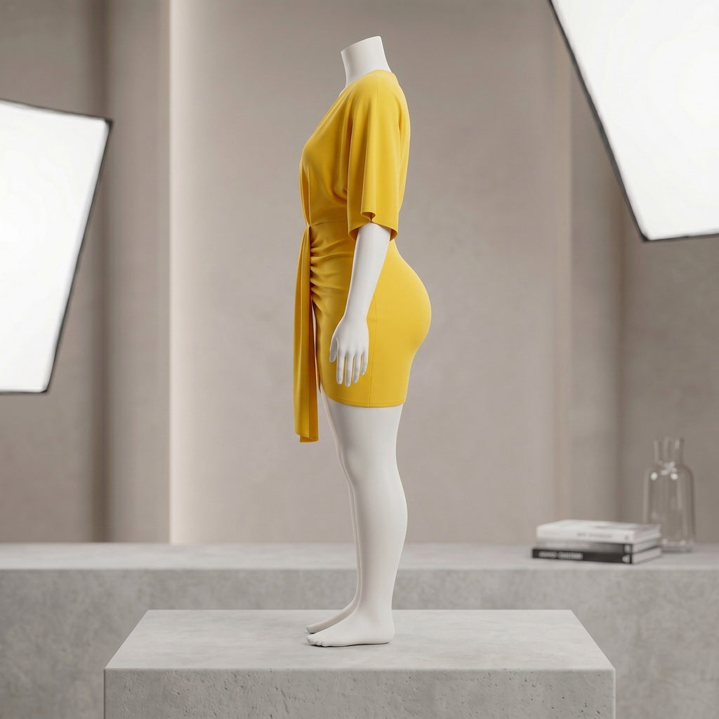 Mustard Yellow Deep V-Neck Twist Knot Batwing Mini Dress