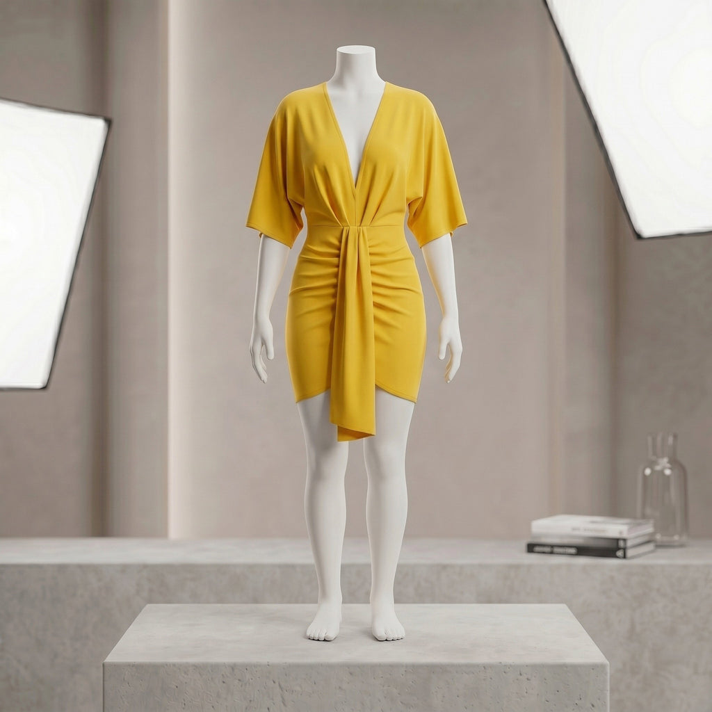 Mustard Yellow Deep V-Neck Twist Knot Batwing Mini Dress