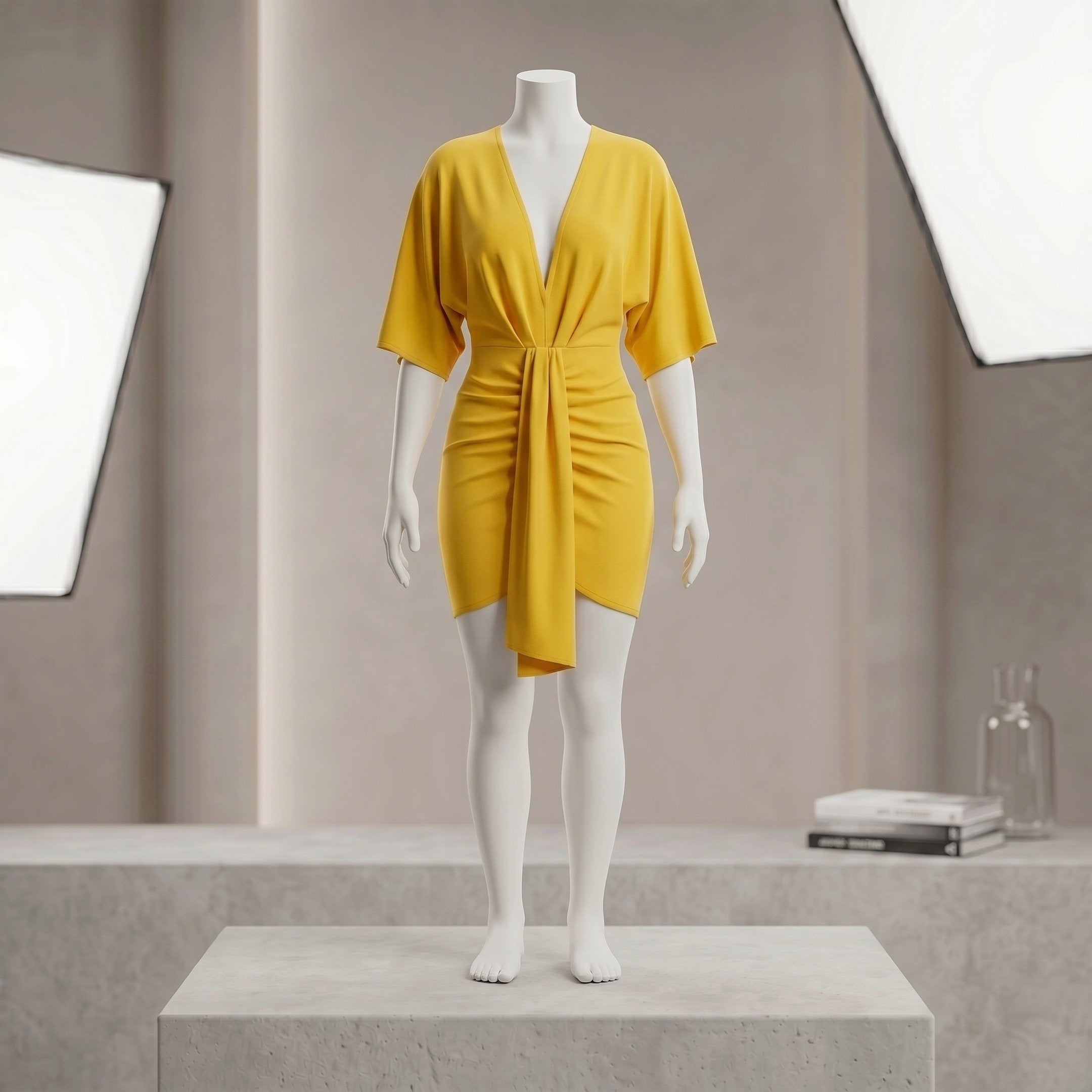 Mustard Yellow Deep V-Neck Twist Knot Batwing Mini Dress